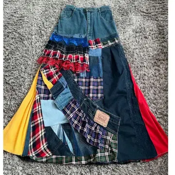 핸드메이드 리메이크 패치워크 데님 롱 스커트 아노짱