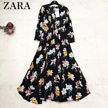 새상품 ZARA 롱 원피스 카슈쿨 꽃무늬 블랙 긴팔 맥시 길이