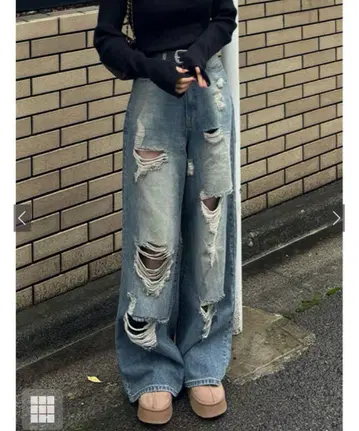 GRL 데미지 컷 루즈 데님 팬츠 Cu525