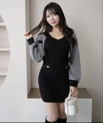 립 서비스 트위드 앙상블 니트 원피스