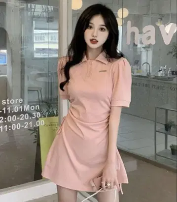 [ Mayree ] 피케 셔츠 사이드 드로스트 반팔 미니 원피스