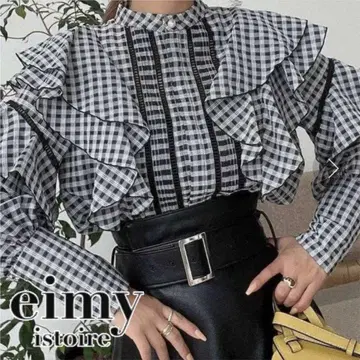 새상품급 eimy istoire 펄 포인트 시어 체크 프릴 블라우스