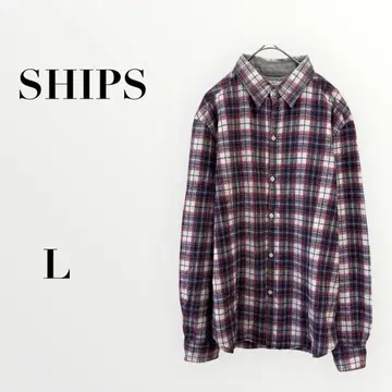 쉽스 체크 셔츠 코튼 긴팔 L 캐주얼 빨간색 x 네이비 x 화이트