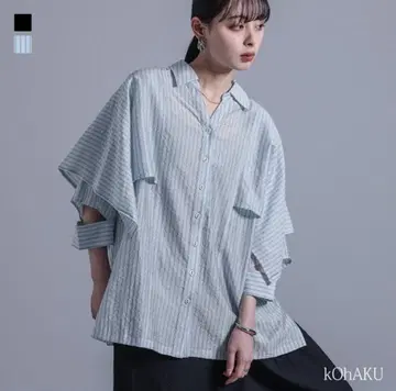 [ kOhAKU ] 블루 스트라이프 7부 기장 셔츠
