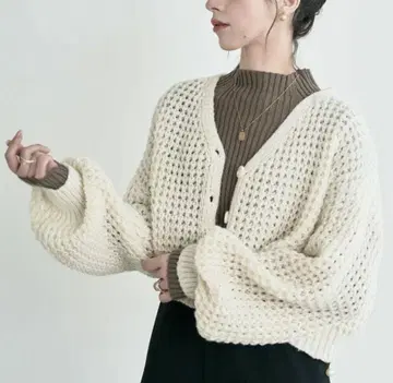 가을 니트 가디건 크림 프리 사이즈 숏 기장 로우 게이지 가디건