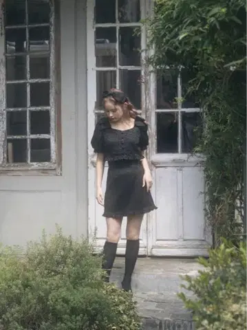 BUBBLES 자카드 블라우스 치마바지 셋업 블랙
