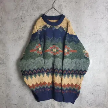 [ 빈티지 ] 니트 스웨터 리브 올 패턴 치마요 울 아이슬란드 레트로