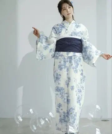 파란 꽃무늬 유카타 오비 세트