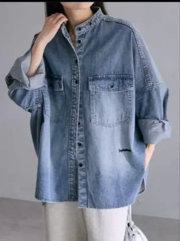 PUAL CE CIN 빈티지 데님 밴드 카라 셔츠