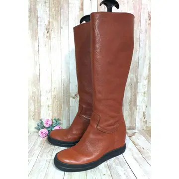 [ SAYA ] 롱 부츠 웨지솔 주름 가죽 23.5cm