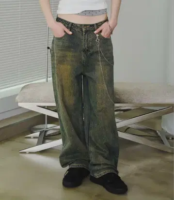 [ SHAGGIE ] 오로라 큐빅 장식 빈티지 루즈 데님 팬츠
