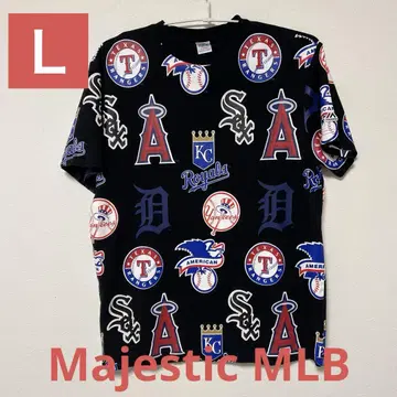 Majestic MLB 야구 올 패턴 로고 프린트 T셔츠 L 마제스틱
