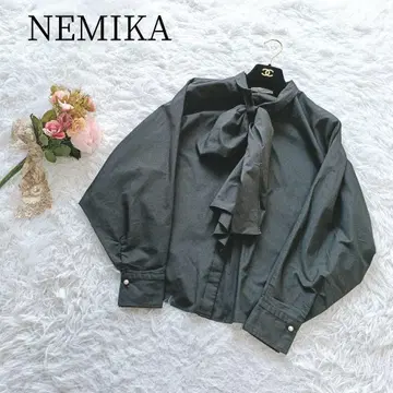 [ NEMIKA ] 긴팔 셔츠 블라우스 펄 보타이 코튼 블랙