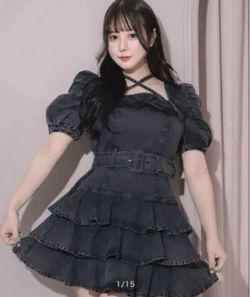 Pium 티어드 프릴 미니 원피스 블랙 데님 피ium