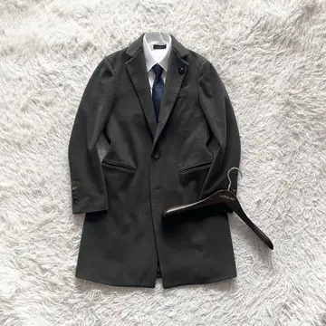 [ 새상품급 ] LARDINI 카키 울 체스터 코트 부토니에르 46