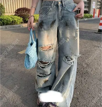 데미지 페인트 와이드 데님