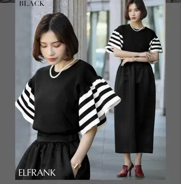 ELFRANK 반팔 롱 원피스 블랙/스트라이프