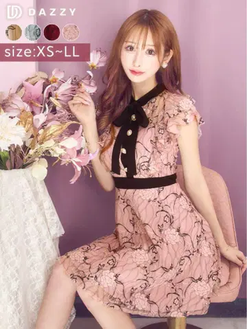 넥 리본 플라워 전체 레이스 프릴 A라인 미니 드레스 [LL사이즈]