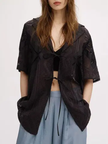 LACE COMBI HALF SLEEVE JACKET SHIRT