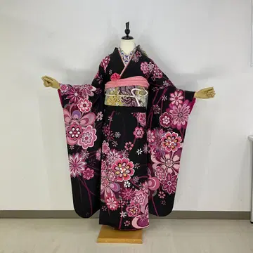후리소데 풀세트 7점 세트 블랙 큐빅 순수 실크 새상품급 성인식