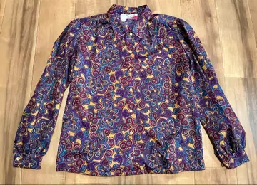 빈티지 퍼프 슬리브 사이키델릭 패턴 폴리에스테르 블라우스 90s
