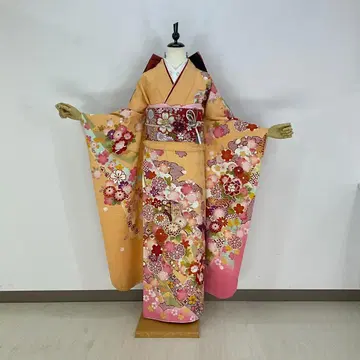 후리소데 풀세트 7세트 오렌지 순수 실크 새상품급 성인식