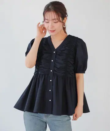 fitmore 개더 퍼프 슬리브 페플럼 블라우스 네이비