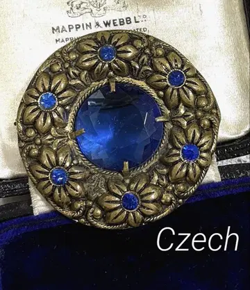 Czech제 빈티지 브로치 flower 체코 유리/로얄 블루