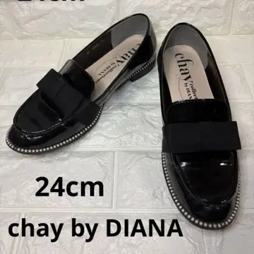 DIANA x chay 다이애나 리본 펄 에나멜 로퍼 블랙 24cm