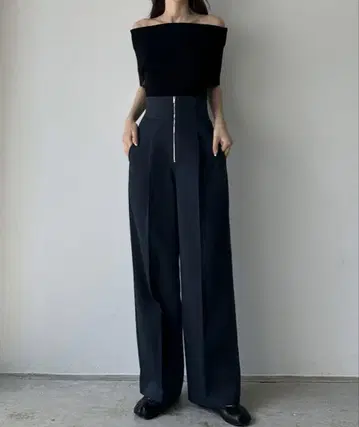 Louere 프론트 지퍼 하이웨스트 턱 팬츠 슬랙스 와이드 팬츠