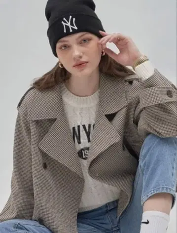 첼시 체크 무늬 더블 버튼 트렌치 자켓