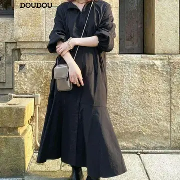 새상품급 DOUDOU 셔츠 플레어 원피스 히요쿠 볼륨 소매 블랙