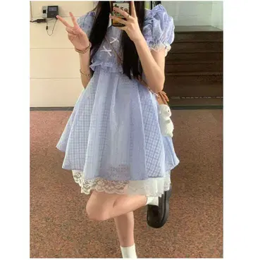 스카이블루 체크 무늬 반팔 미니 원피스