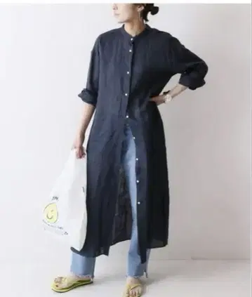 네이비 셔츠 원피스 긴팔 롱 기장