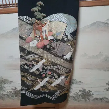 블랙 전통 예복 기모노 꽃무늬 학 자수 기모노