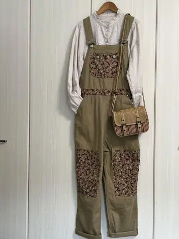 네넷 오버롤 살로펫 카키 M 꽃무늬 토끼