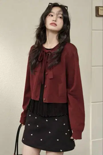 kuose 쿠오세 KUOSE 크롭 리본 가디건 RED