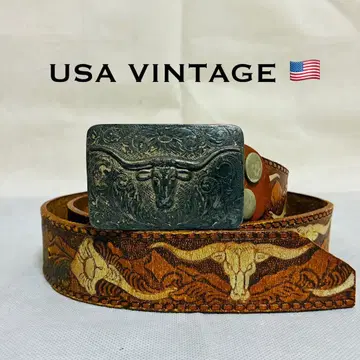 USA 제 가죽 벨트 버팔로 웨스턴 카빙 플레이트 버클