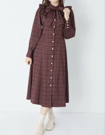 앙크루즈 빨간색 체크 롱 원피스