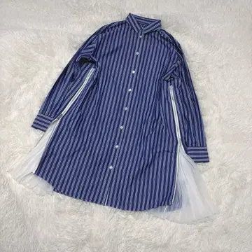 Sacai 롱 원피스 스트라이프 플리츠 셔츠 원피스 사이즈 2 M