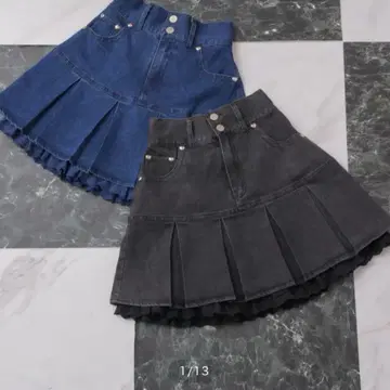 pium 하트 레이스 데님 플리츠 스커트