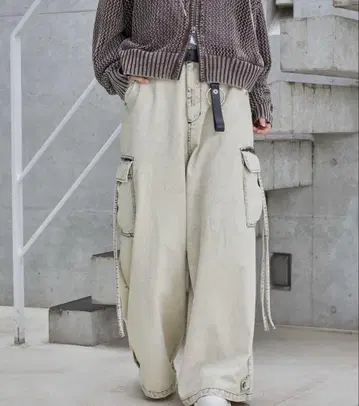 [ Spielio ] 빈티지 라이크 데님 카고 와이드 팬츠 화이트