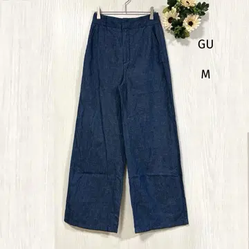 GU 코튼 린넨 데님 와이드 팬츠 M 인디고 깔끔한 캐주얼