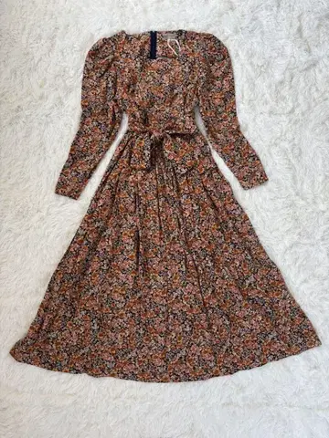 laura ashley 오렌지 꽃무늬 벨트 리본 롱 플레어 원피스