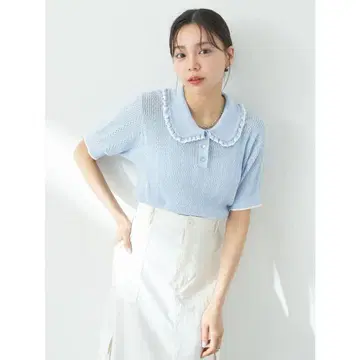 earth 색스 블루 프릴 옷깃 상의