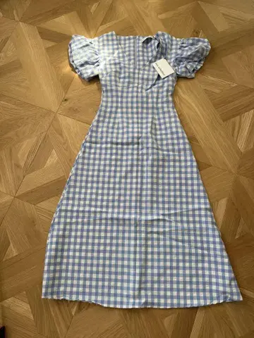 incu collection 블루 체크 퍼프 슬리브 원피스
