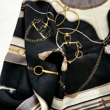 새상품 체인 패턴 스카프 스톨 얇은 소재 울 100% 블랙 일본제