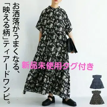 안티카 꽃무늬 티어드 원피스 반팔 블랙