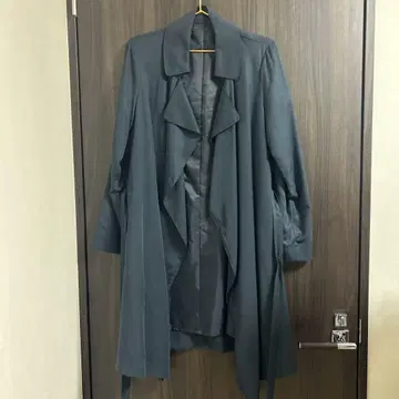 네이비 롱 트렌치코트 허리 리본 포함