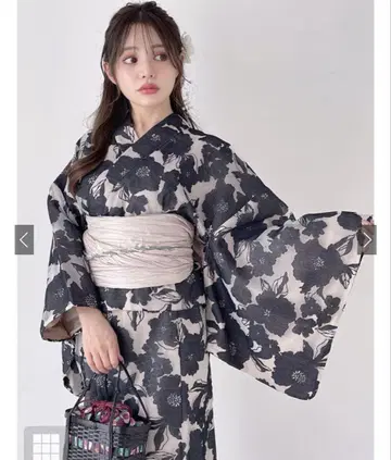 블랙 베이지 플라워 무늬 유카타 오비 세트 레귤러 사이즈